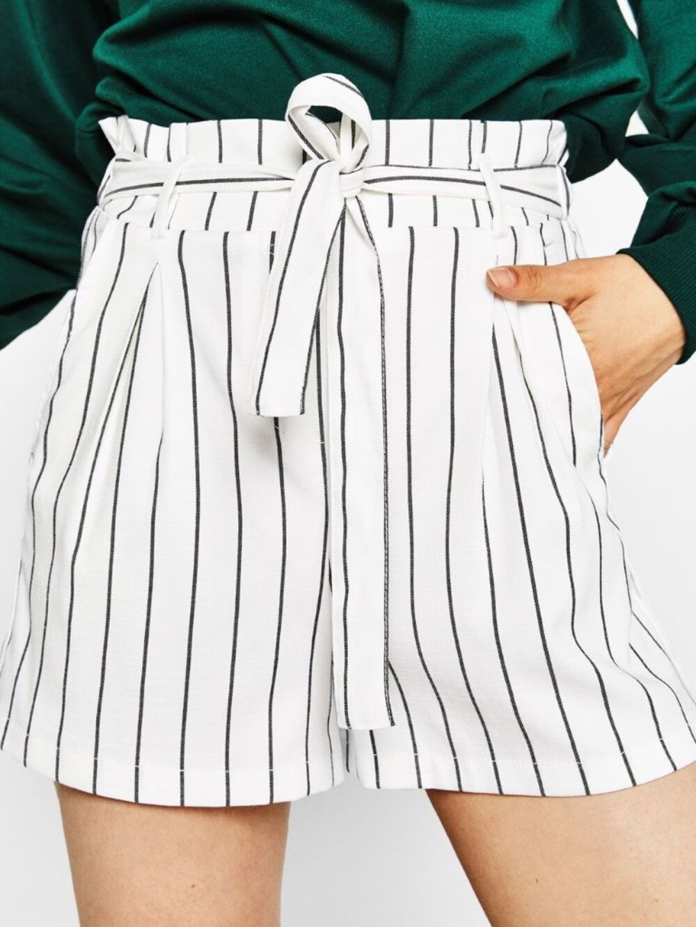 Bershka White & Black Pinstriped Paperbag Tie Front High Waist Shorts